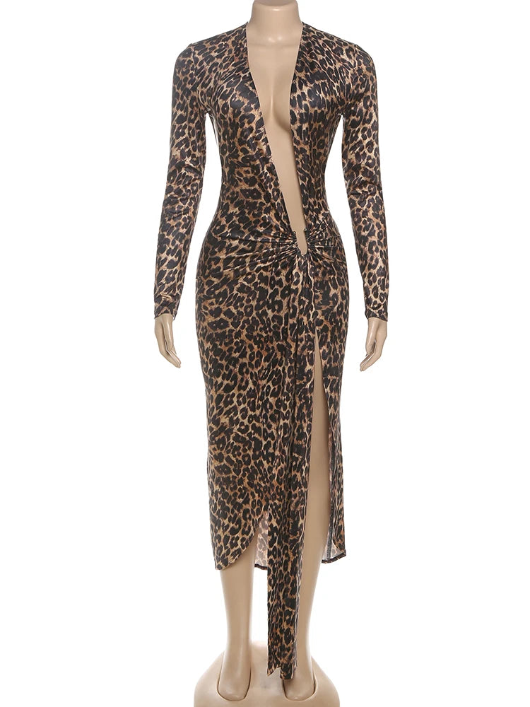 Leopard Print Deep V-Neck Ruched Maxi Ribbon Design Hollow-Out Long Sleeve Bodycon High Slit Maxi Club Dress