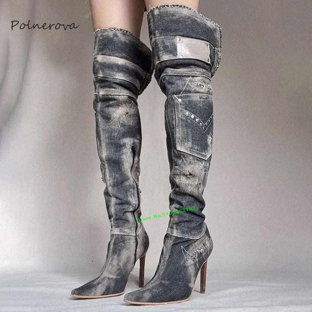 Retro Grey Denim Knee High Pointed Toe Thin High Heel Zipper Boots