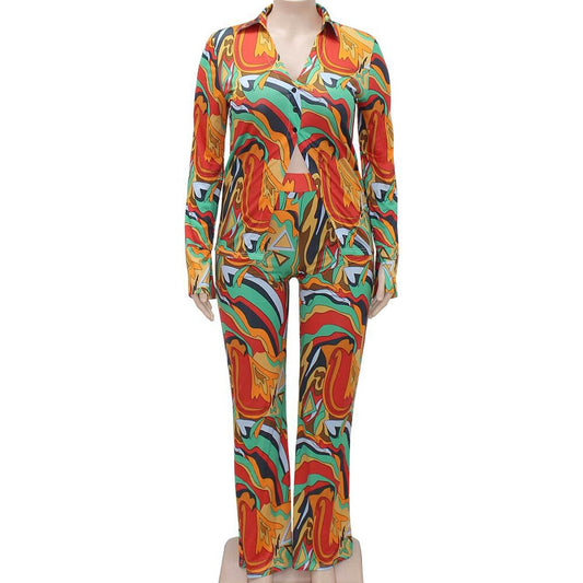 Swirl Design Long Sleeve Shirt + Flare Pant Suit to 5X