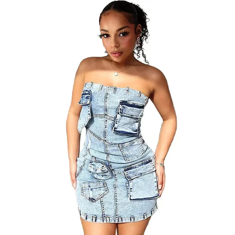 Denim Light Blue Washed Faded  Sleeveless Tube Top Design Cargo Pocketed Streetwear Mini Jean Dress