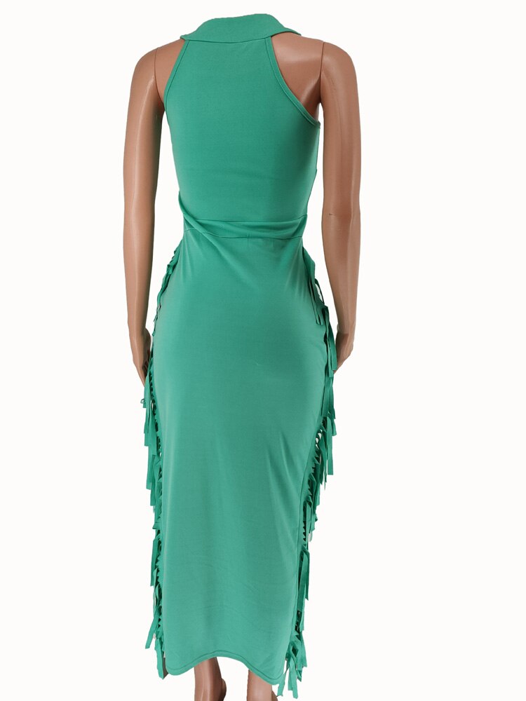 Tassels Shoulder Halter Neck Fringed Maxi Dress