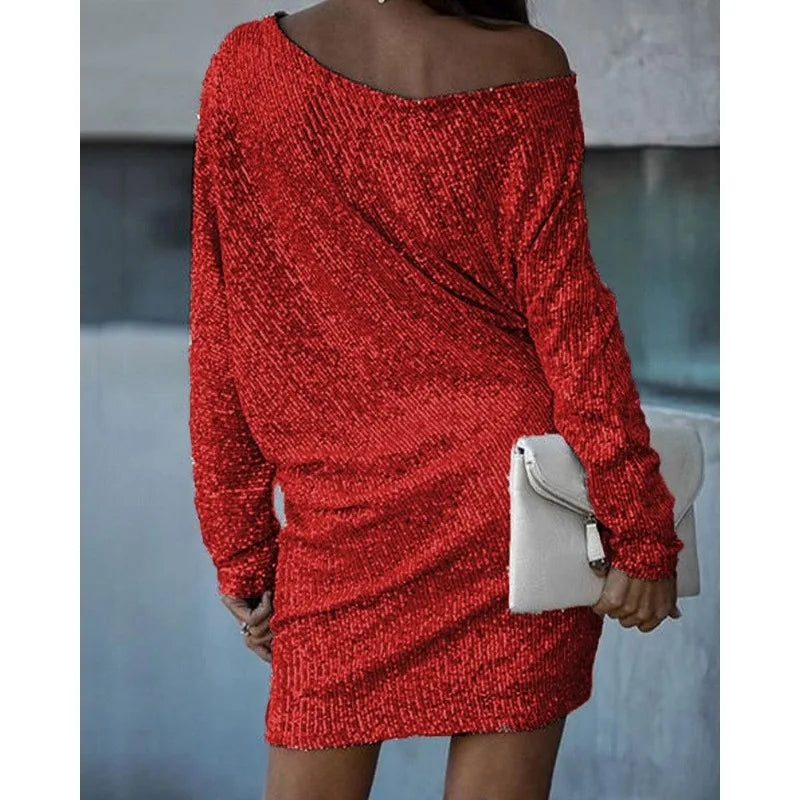 Sequined Long Sleeve Off Shoulder Slash Neck Formal Evening Dress