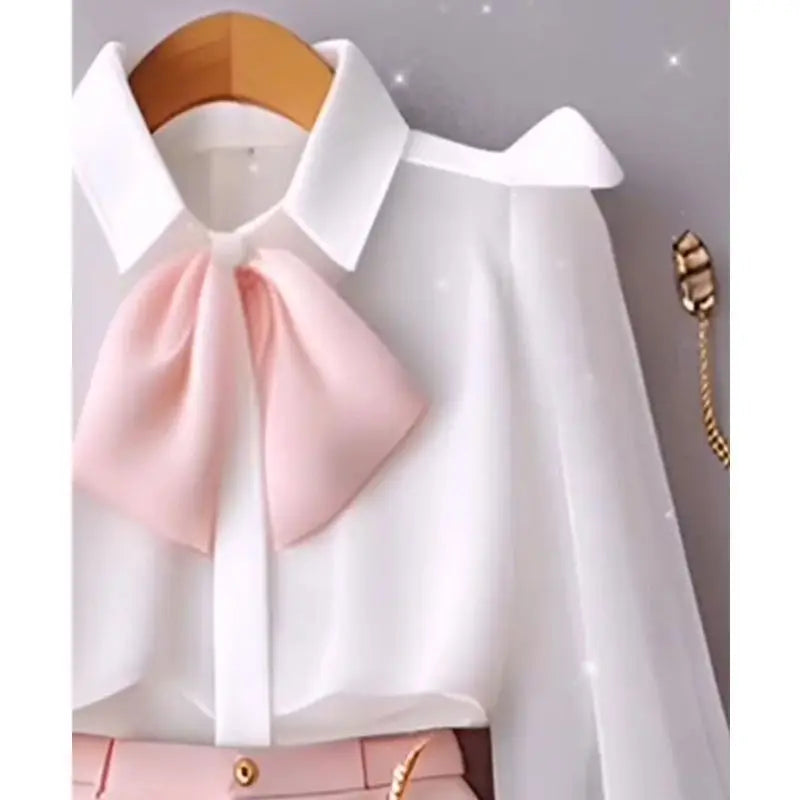 White Long Sleeve Blouse w/ Pink Bowtie & Solid Color Shorts 2-Piece Set