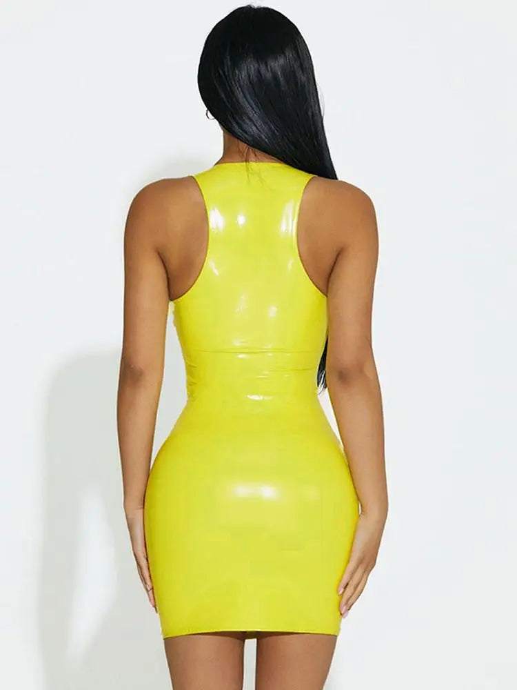 PU Leather Shiny Sleeveless PVC Deep V-Neck Camisole Dress