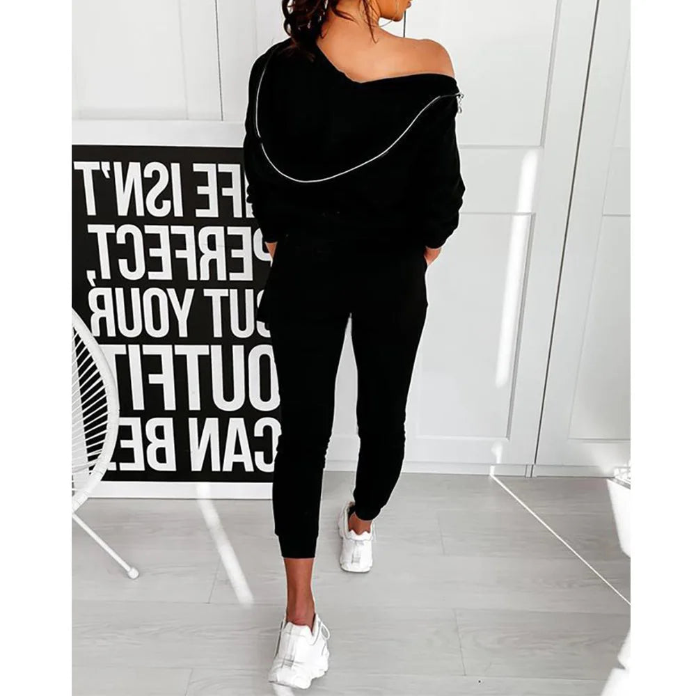 Inclined Collar Temperament Solid Long Sleeve Top + Sweatpants Ladies Tracksuit