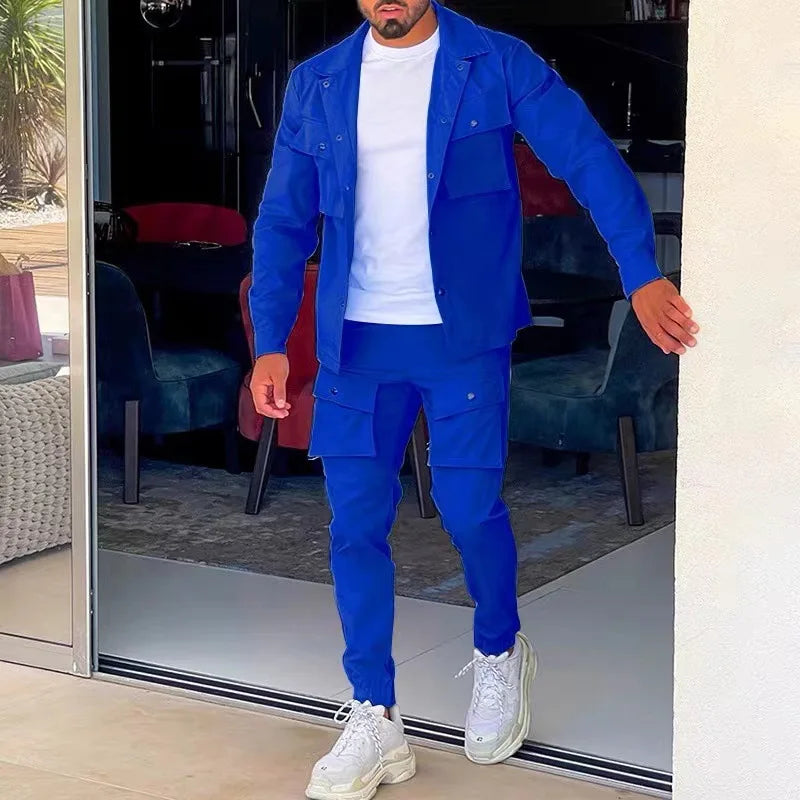 Men's Solid Color Pocket Button Detail Utility Jacket + Cargo Pants 2-Piece Set