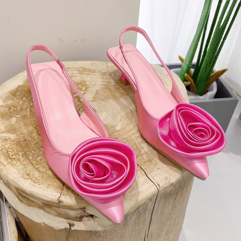 Flower Pointed Toe Slingback Low Heel Mules