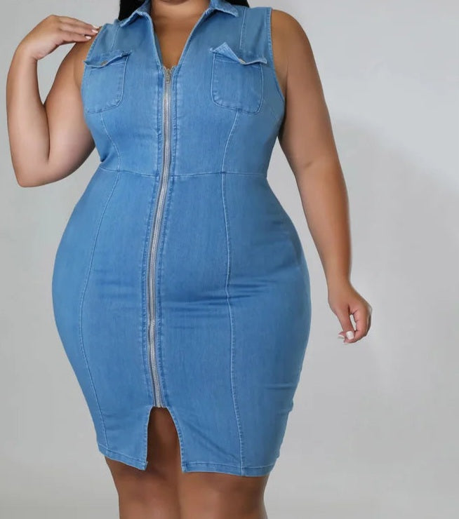 Denim Blue Solid Sleeveless Zipper Front Turn-Down Collar Bodycon Plus Size Jean Dress to 5X