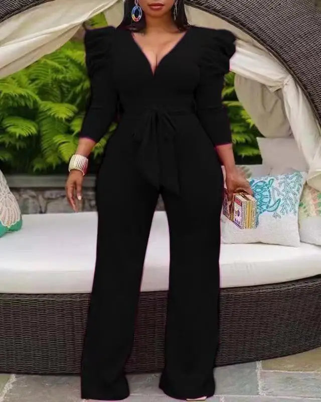 Sash Bowtie Belt/Ruffled Deep V-Neck Puff Sleeve Jumpsuit