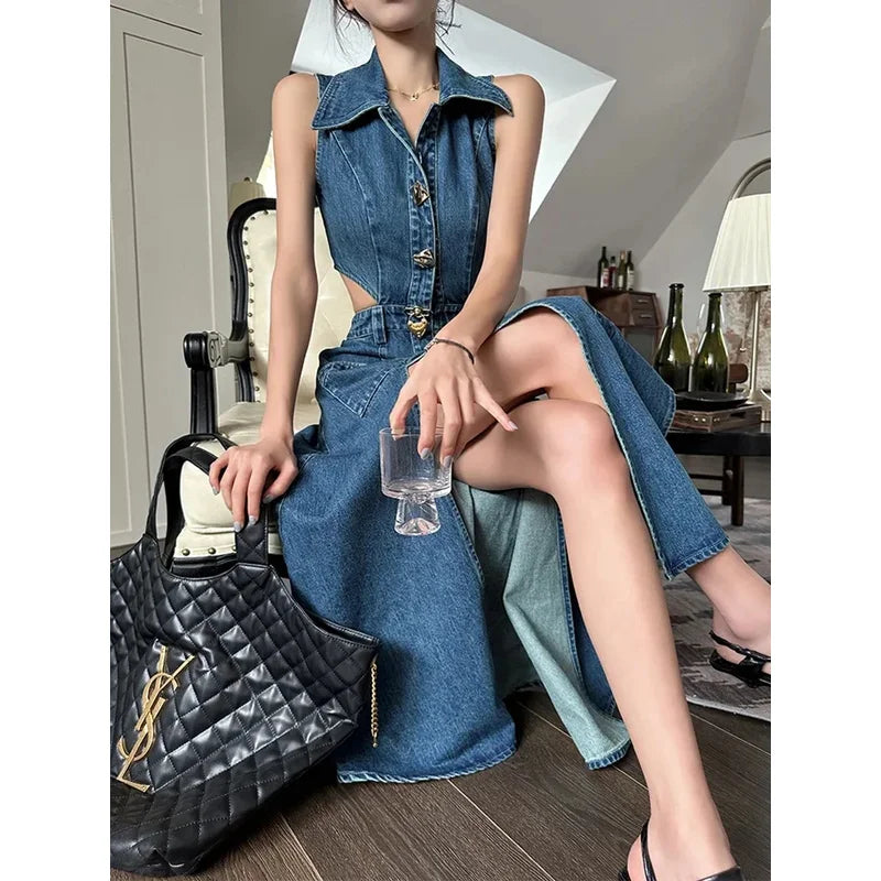 Denim Blue Button-Up High Slit Side Cut-Out Sleeveless Jean Dress