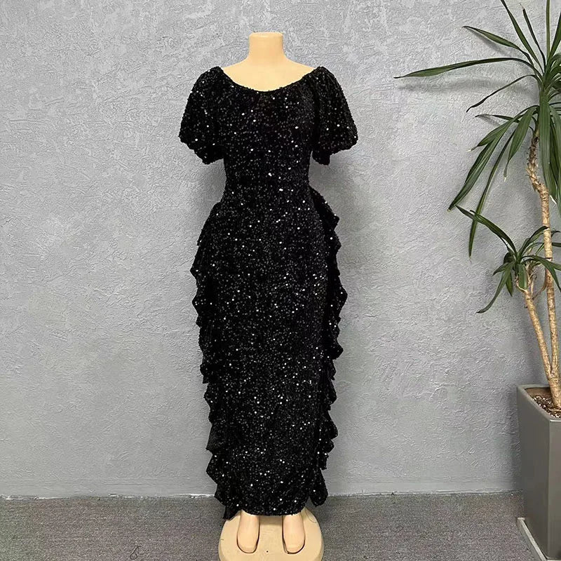 Off-the-Shoulder Sequin Bodycon Tiered Ruffle Evening Gown Formal Dress