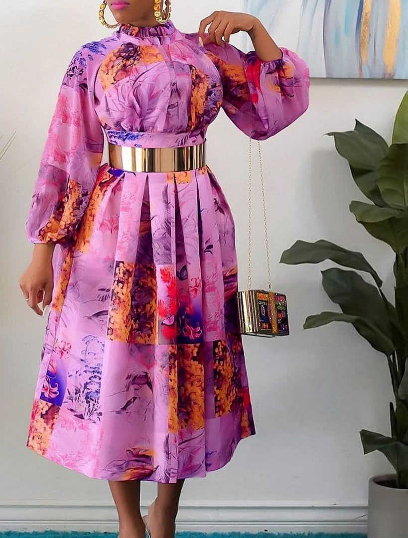 Floral Pleated Long Sleeve Plus Size Dress w/ Metallic Belt to 3X