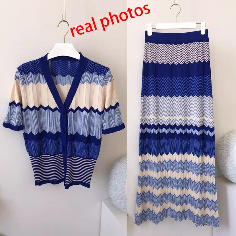 Striped Geometric Colorblock V-Neck Short Sleeve Knitted Cardigan Sweater + Pleated Mermaid Maxi Skirt 2-Piece Set