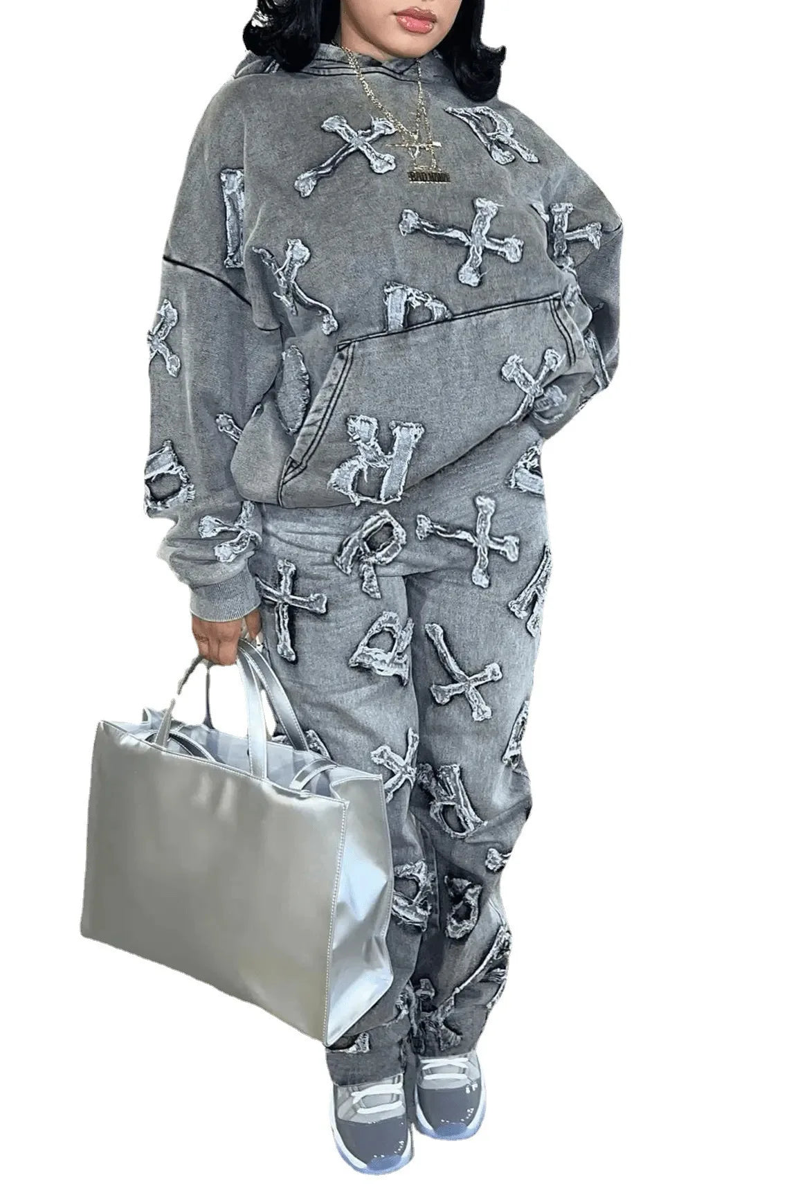 Cross Embroidered Design Women's Faded Faux Denim Hoodie Sweatshirt + Cargo Pants Tracksuit