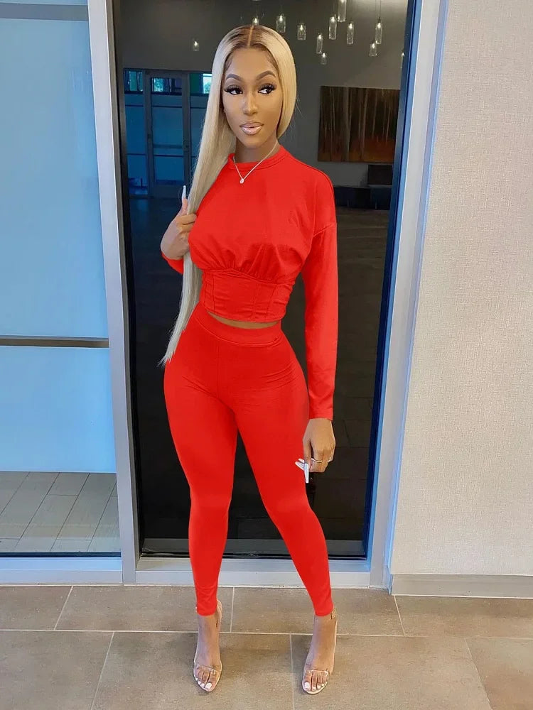 Ruched Fitted O-Neck Solid Color Women's Long Sleeve Crop Top + Leggings Tracksuit