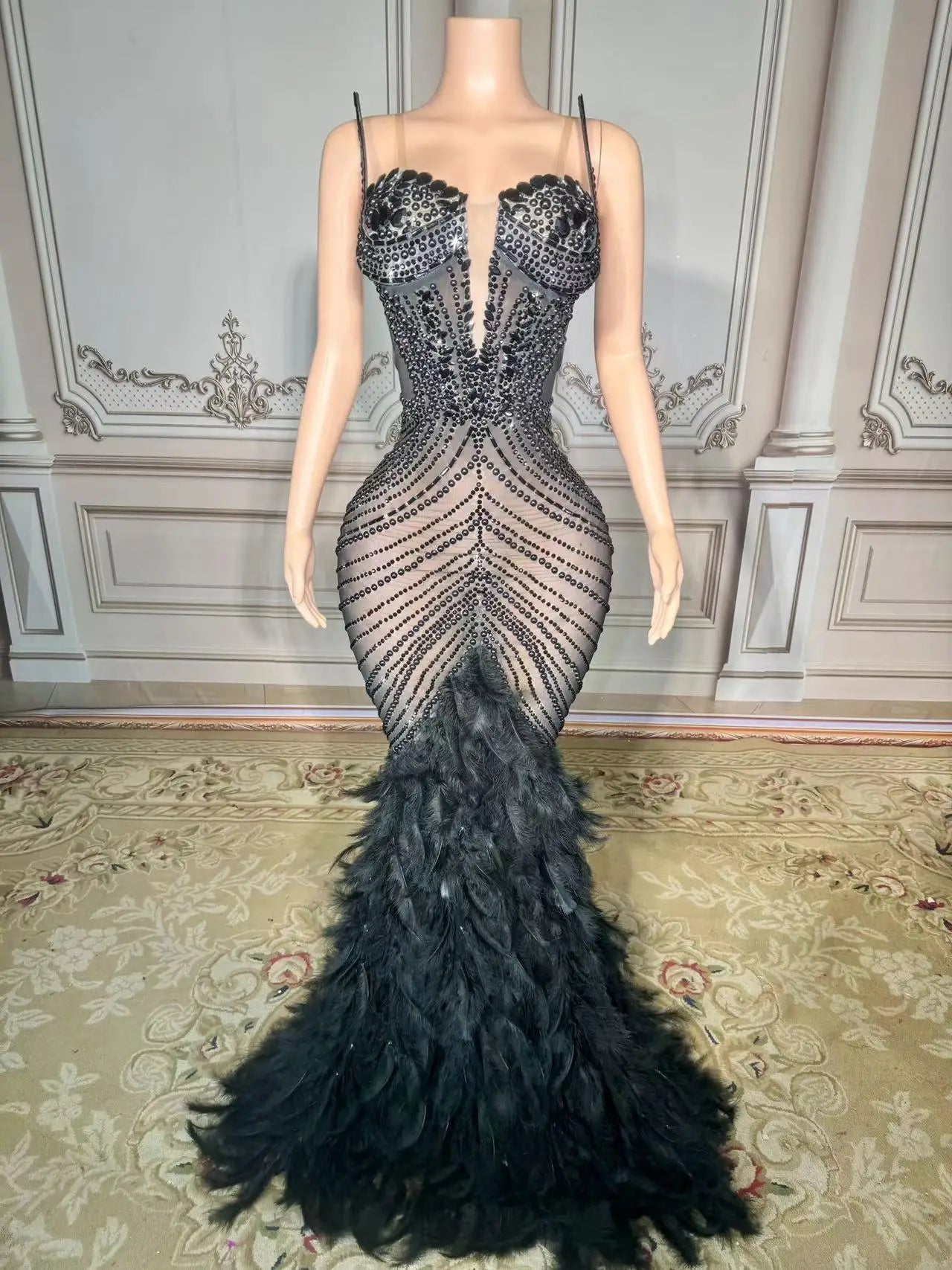 Sparkling Metallic Rhinestone Pearl Feather Detail Sleeveless Floor-length Party/Prom Formal Maxi Dress to 4X Plus Size