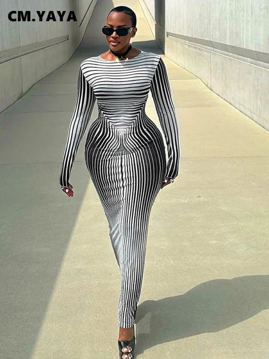 Black/White Striped 3D Printed Bodycon Maxi Dress