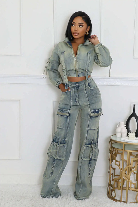 Stretch Faded Denim Women's Long Sleeve Zipper Jean Jacket + Cargo Multi-Pocket Straight Denim Jeans 2-Piece Set