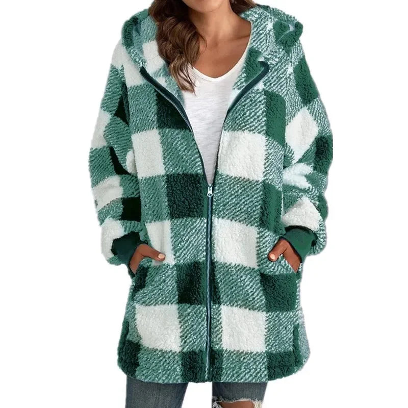 Plaid Long Sleeve Hooded Women's Loose Fit Pocketed Zipper Jacket