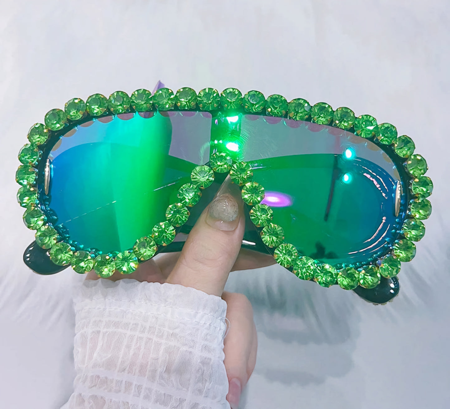 Embellished Oversized Punk Rhinestone Crystal Baguette Steampunk UV400 Women's Round Bottom Shield Sunglasses