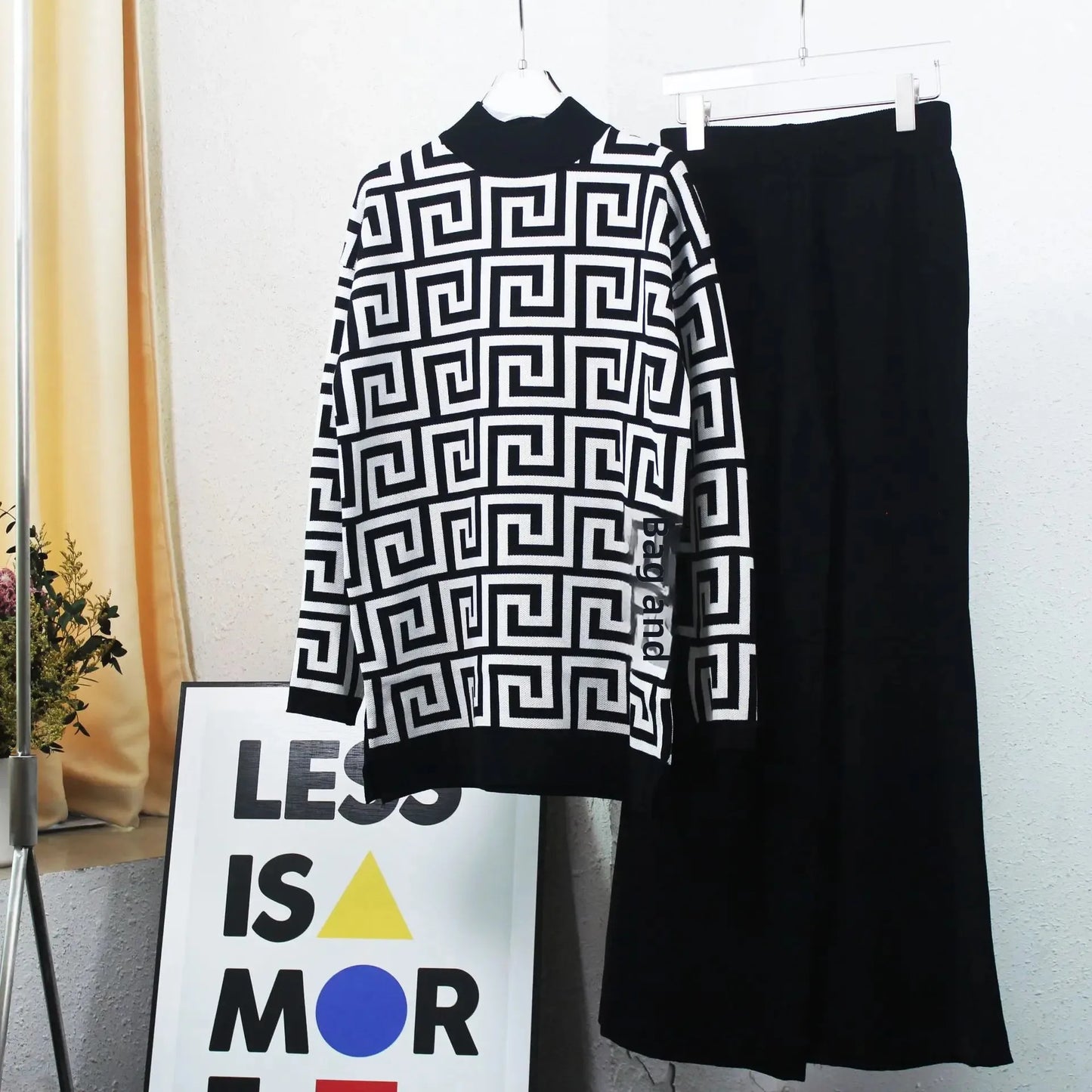 Geometric Colorblock High Collar Sweater + Wide Leg Pants Women's 2-Piece Set