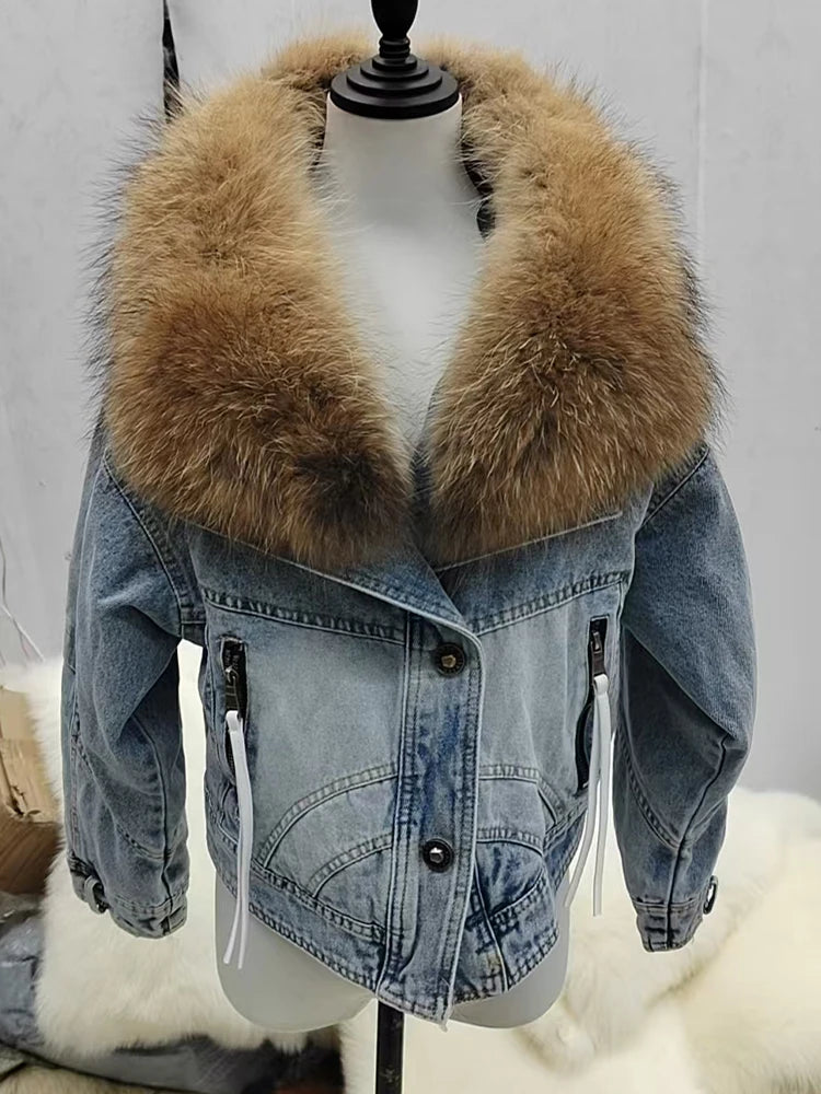Denim Oversized 100% Real Fox Fur Collar Short Women's Goose Down Puffer Jean Jacket