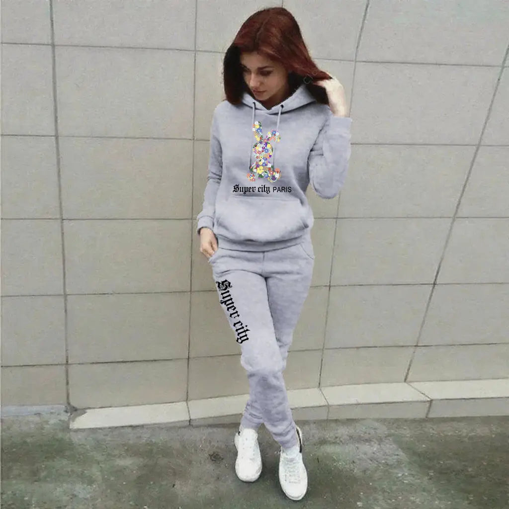 Hip-Hop Rainbow Bunny Rabbit Print Long Sleeve Hoodie Sweatshirt + Women's Jogger Sweatpants Tracksuit to 3X Plus Size