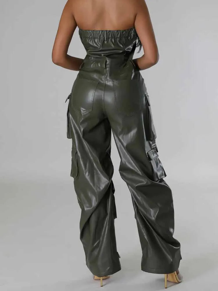 Strapless Sleeveless PU Leather Solid Color Hip-Hop Cargo Multi-Pocketed Women's Tube Top Jumpsuit