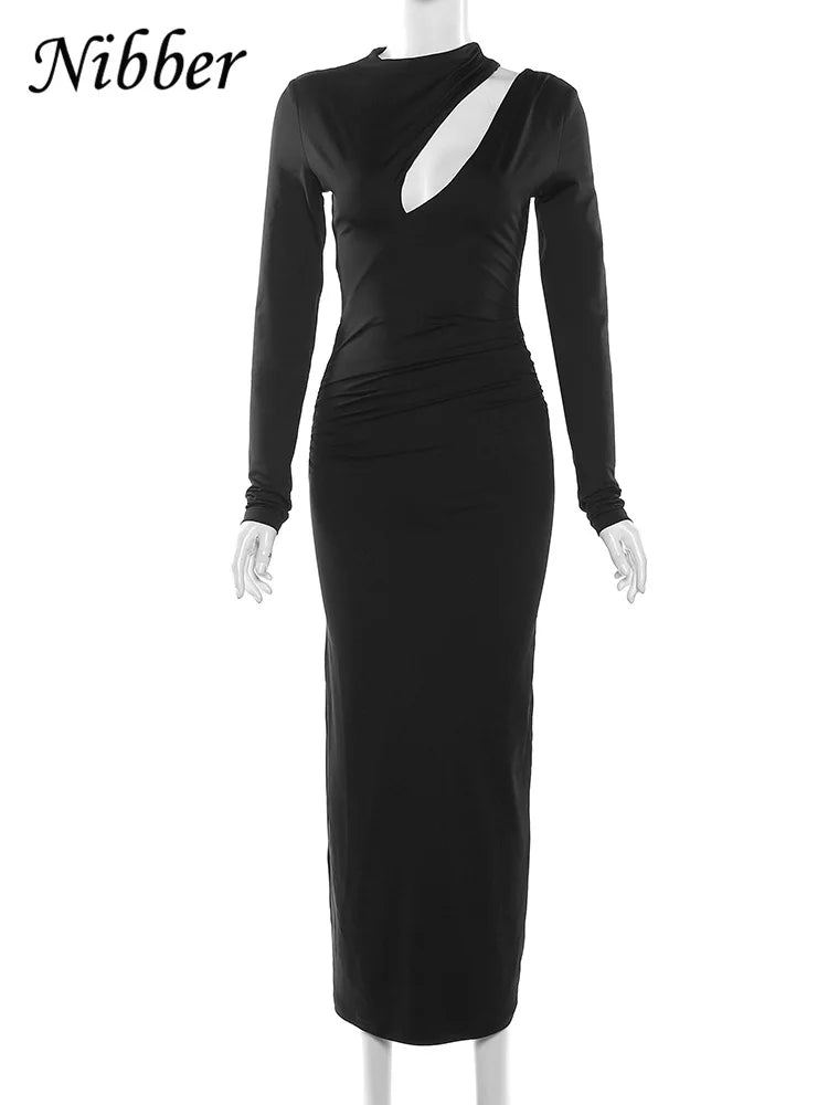 Black Solid Hollow-Out Elastic O-Neck Long Sleeve Skinny Maxi Dress