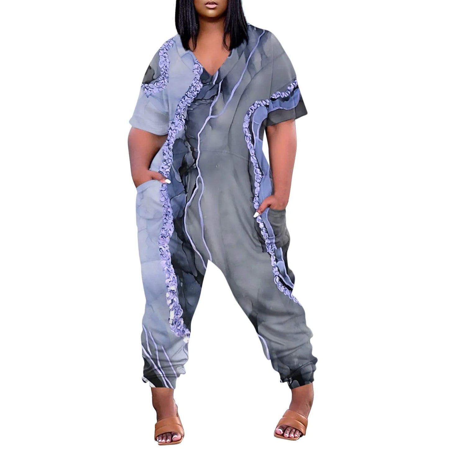 Cargo Pocket Colorblock Striped/Geometric Printed Women's V-Neck Short Sleeve Zipper Overall Wide Leg Jumpsuit