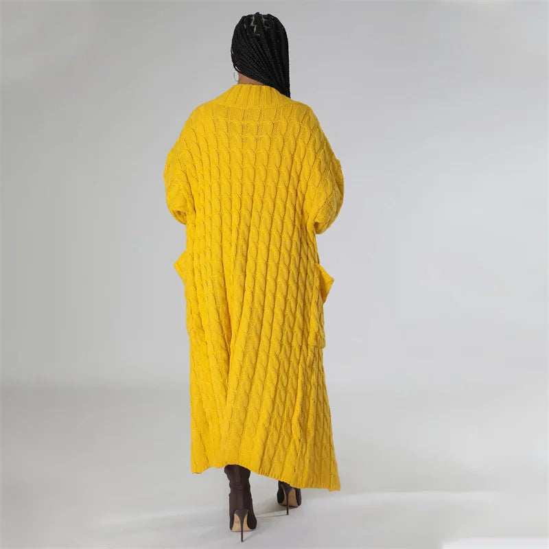 Knitted Weave Pattern Ribbed Maxi Cardigan Sweater