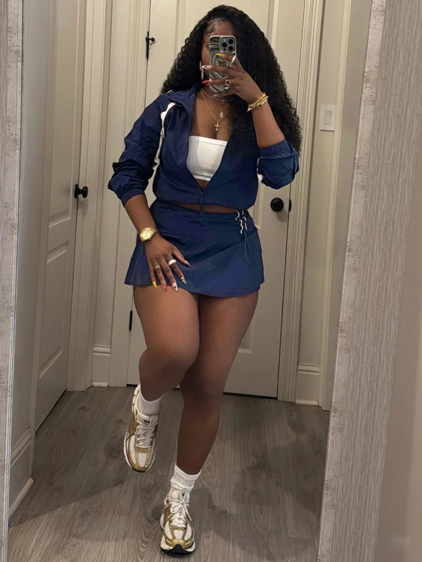 Striped Stand Collar Women's Zipper Fitness Jacket+ Drawstring Ruched Mini Tennis Skirt Solid Color 2-Piece Set