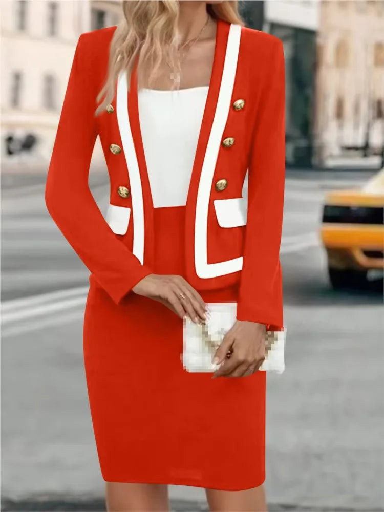 Colorblock Women's Office Button-Up Cardigan Blazer + Midi Skirt Two Piece Set