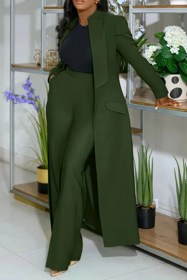 Notched Collar Solid Color Pocketed Maxi Trench Blazer + Pants Women's Office/Formal Party Suit