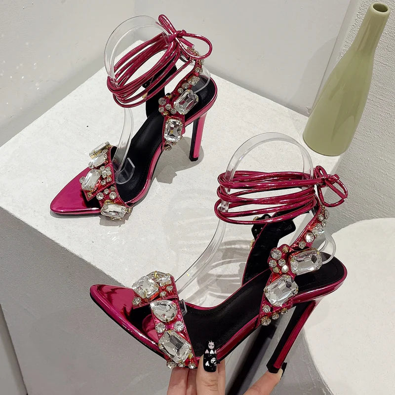 Lace-Up Ankle Crystal Rhinestone Pointed Toe Wedding/Party Stiletto Sandal Pumps