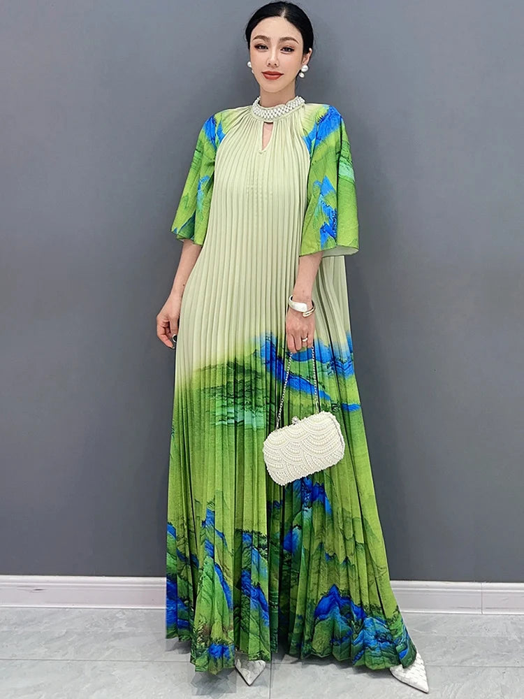 Colorblock Diamond Green Oversized Pleated Short Sleeve Inlaid Maxi Dress