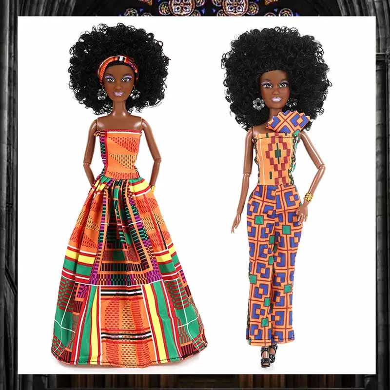 Exquisite African Black Simulation Ethnic Dashiki Dress Doll