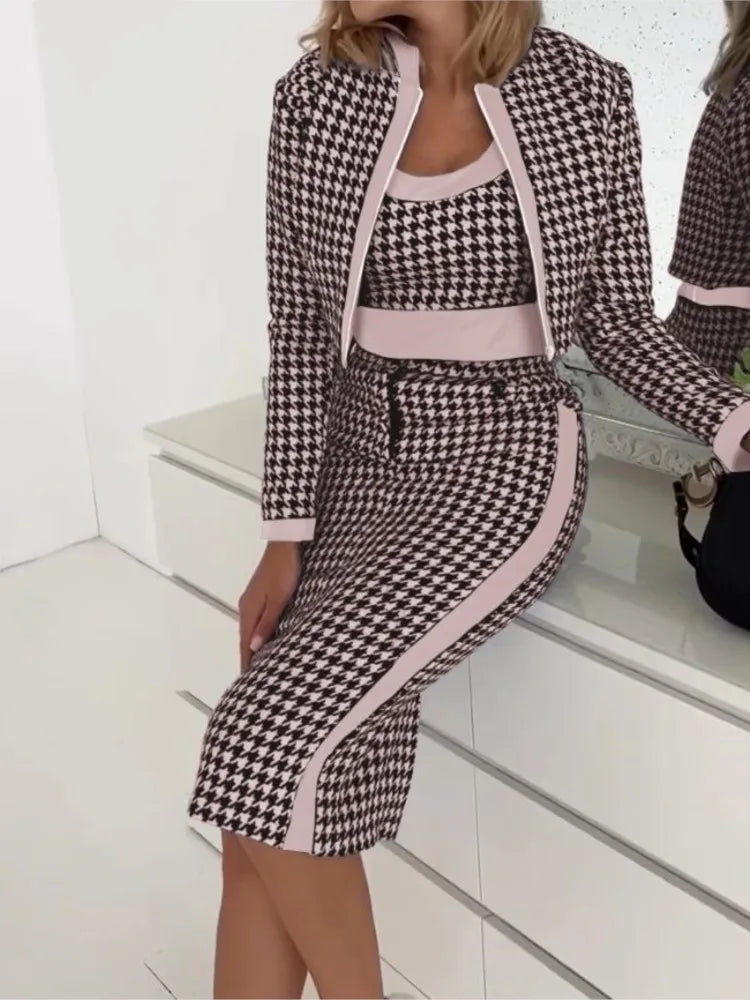 Plaid/Houndstooth/Geometric Blazer Jacket + Matching Cami Top + Midi Skirt 3-Piece Suit