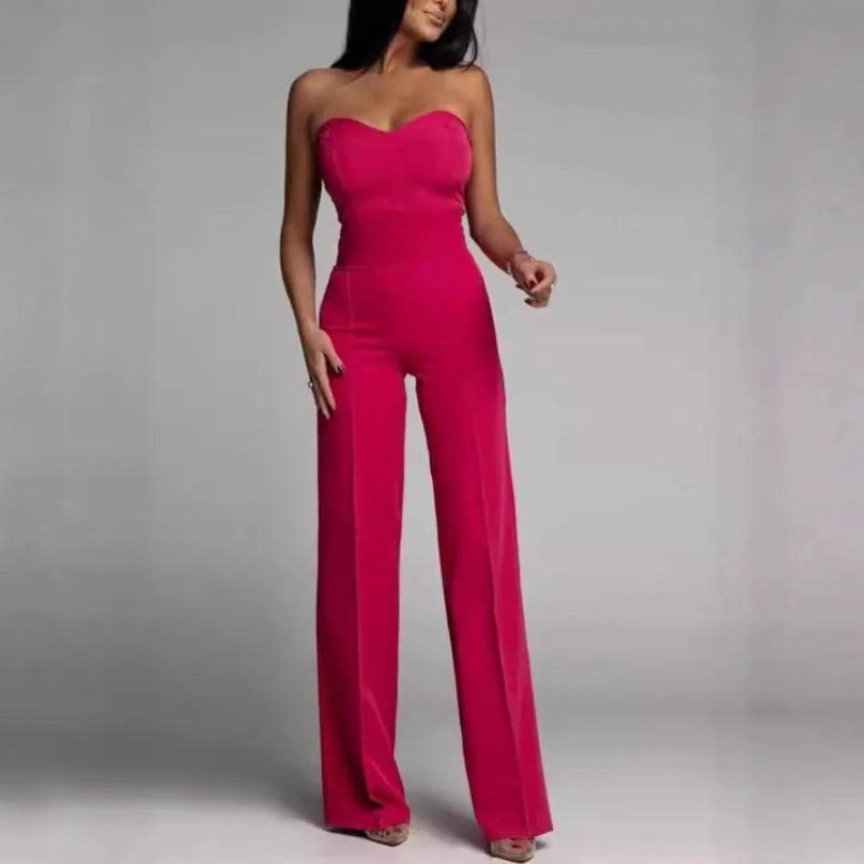 Sleeveless Strapless Solid Color Straight Women's Formal Party Tube Jumpsuit