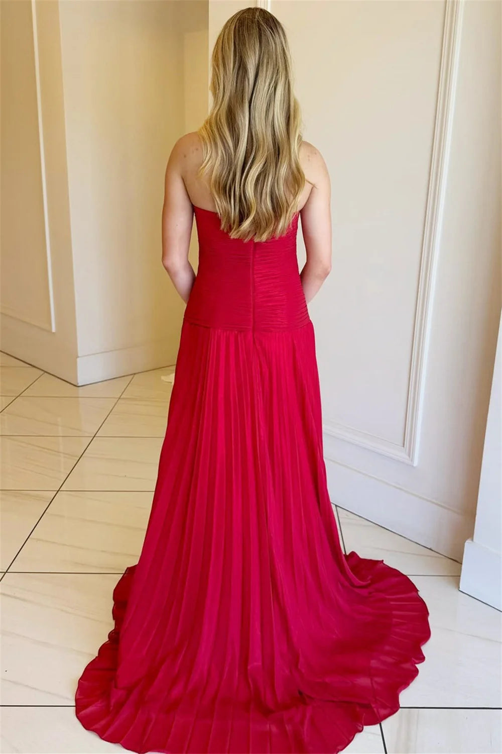 Chiffon Strapless Sleeveless Customized Solid Color Side Slit Formal Party/Wedding Mermaid Trumpet Maxi Dress
