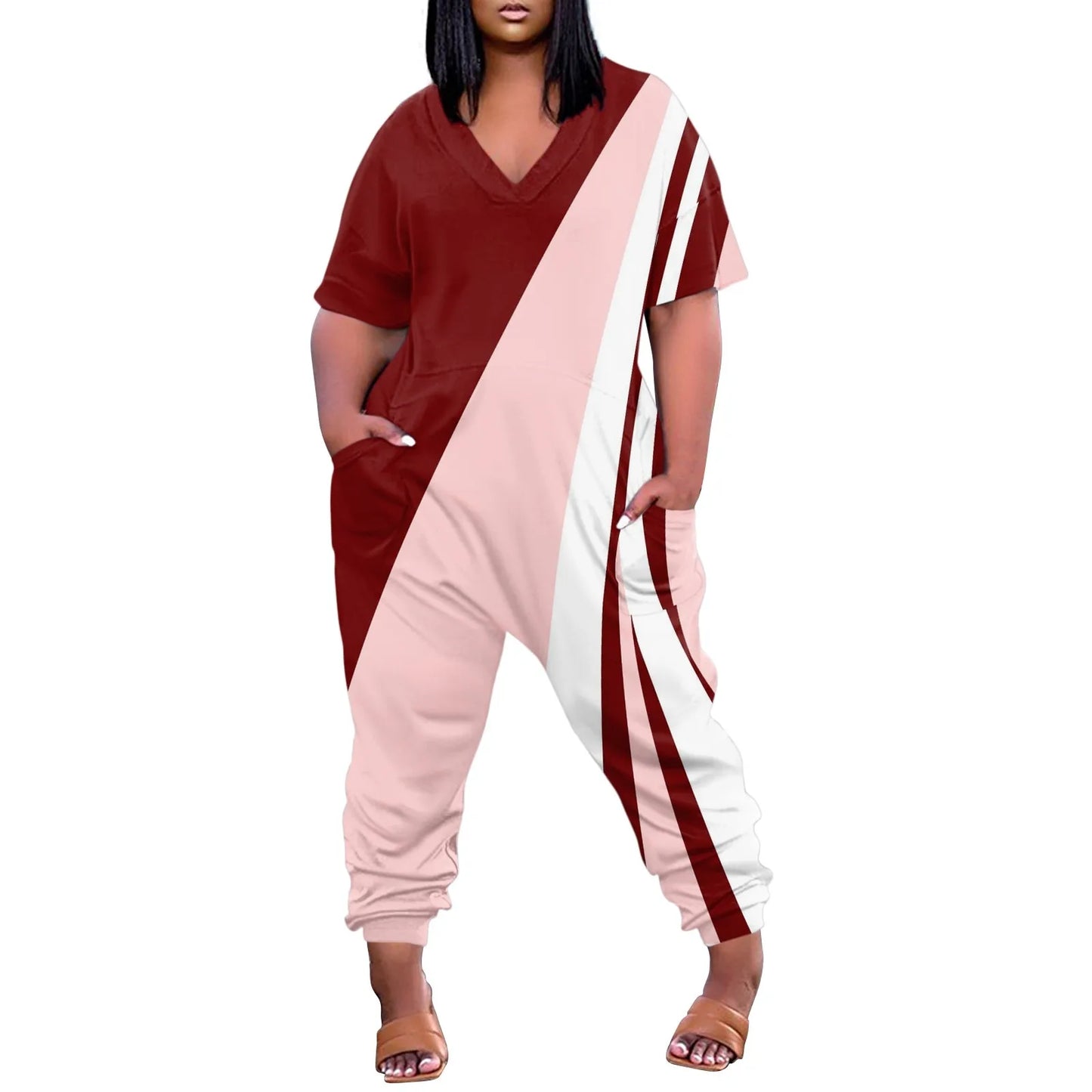 Cargo Pocket Colorblock Striped/Geometric Printed Women's V-Neck Short Sleeve Zipper Overall Wide Leg Jumpsuit