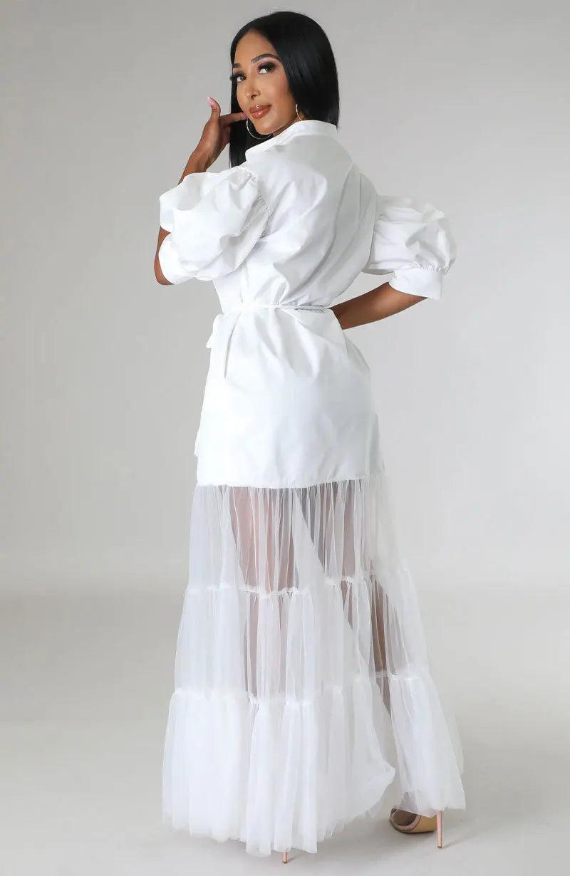 Puff 1/2 Sleeve Tiered Sheer Transparent Tulle Tutu Skirt Design Maxi Shirt Dress