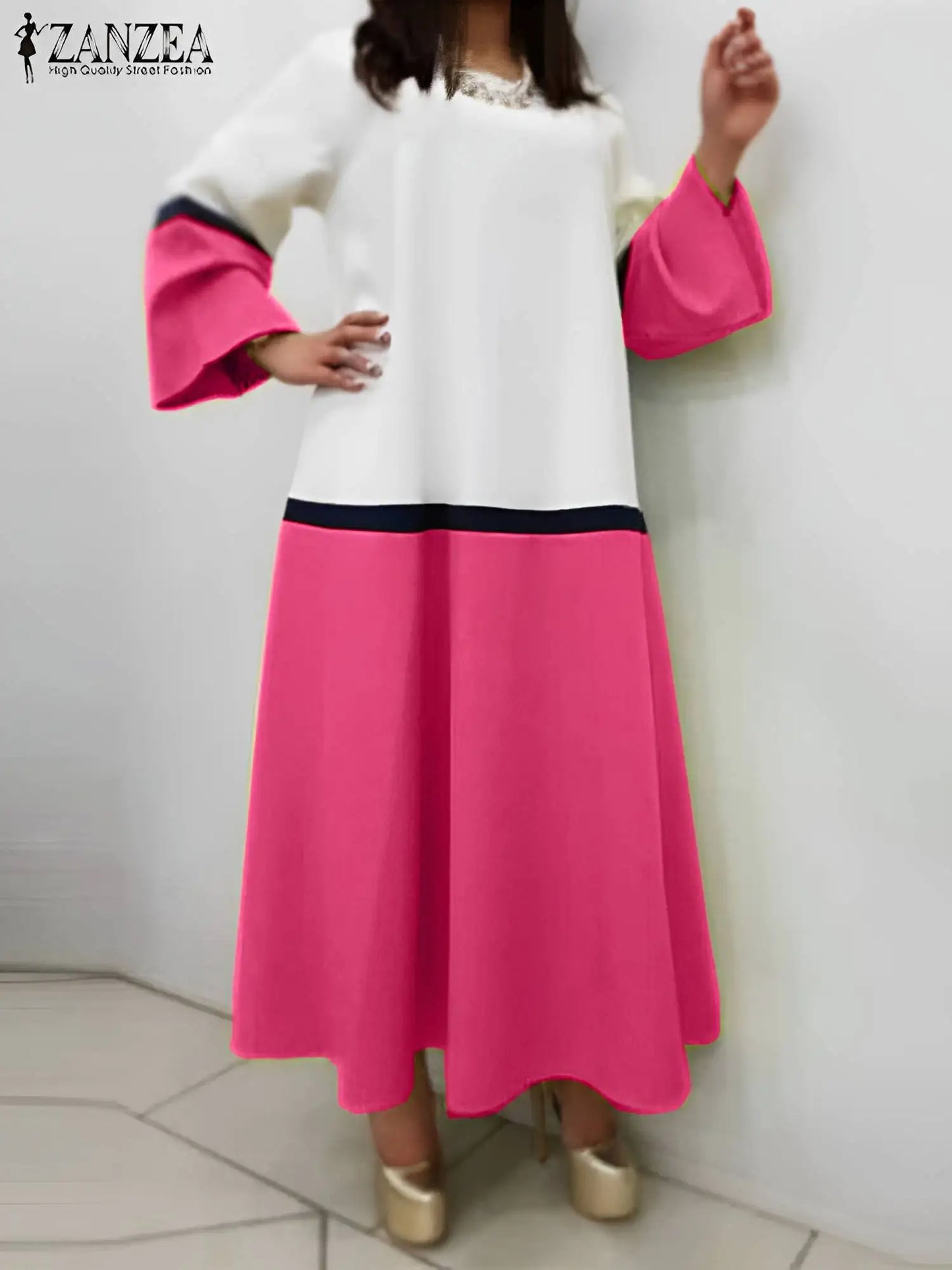 Oversized Colorblock O-Neck Loose Plus Size Long Flare Sleeve Patchwork Maxi Dress to 5X