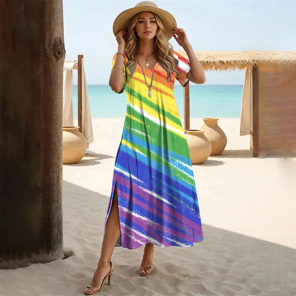 Striped Colorblock Rainbow Print V-Neck Short Sleeve High Slit Midi Sundress to 3X Plus Size