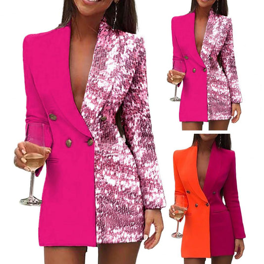 Sequin Contrast Colorblock Stitching Double Breasted Blazer