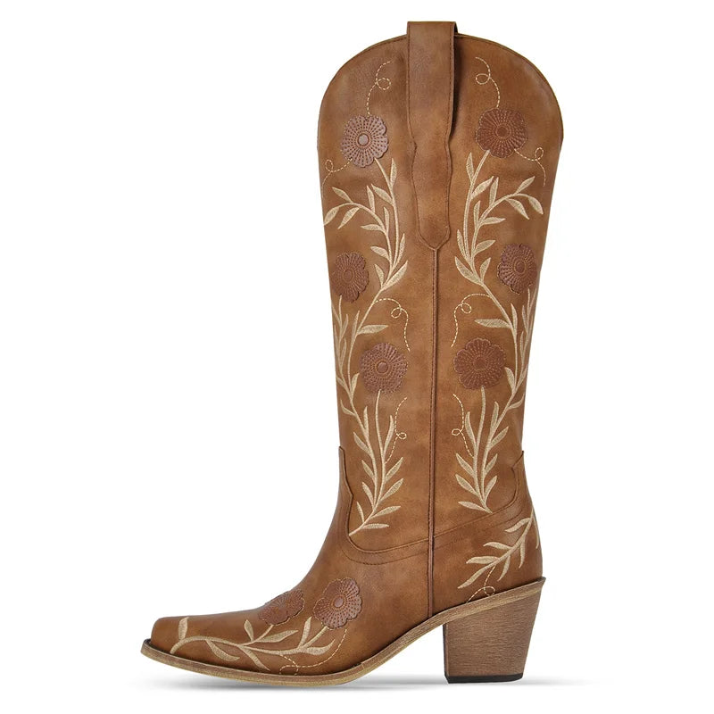 Western Flower Embroidered Women's Pointed Toe Side Zipper Chunky Heel Cowgirl Boots