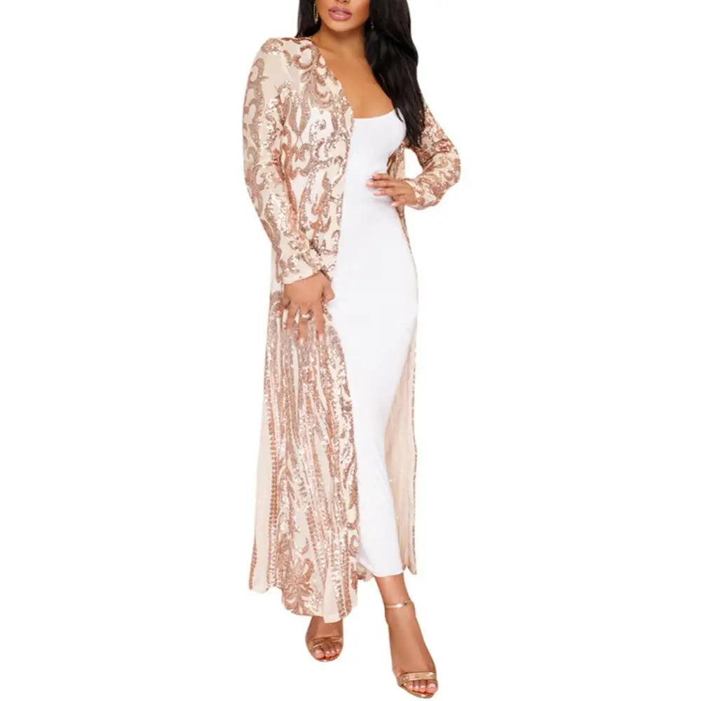 Vintage Metallic Women's Sequin Perspective Long Sleeve Maxi Cardigan