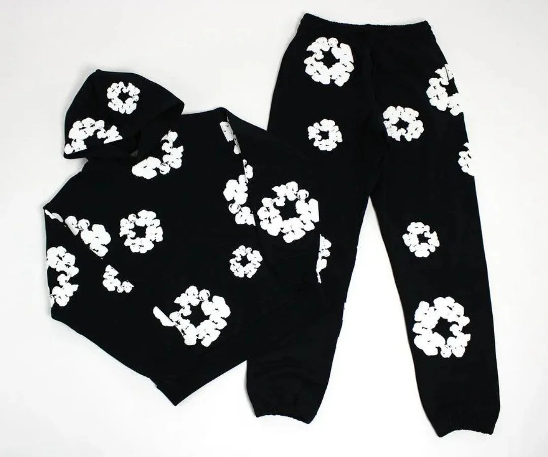 Men's Cotton Big Flower Print Hoodie Sweatshirt + Drawstring Sweatpants Tracksuit