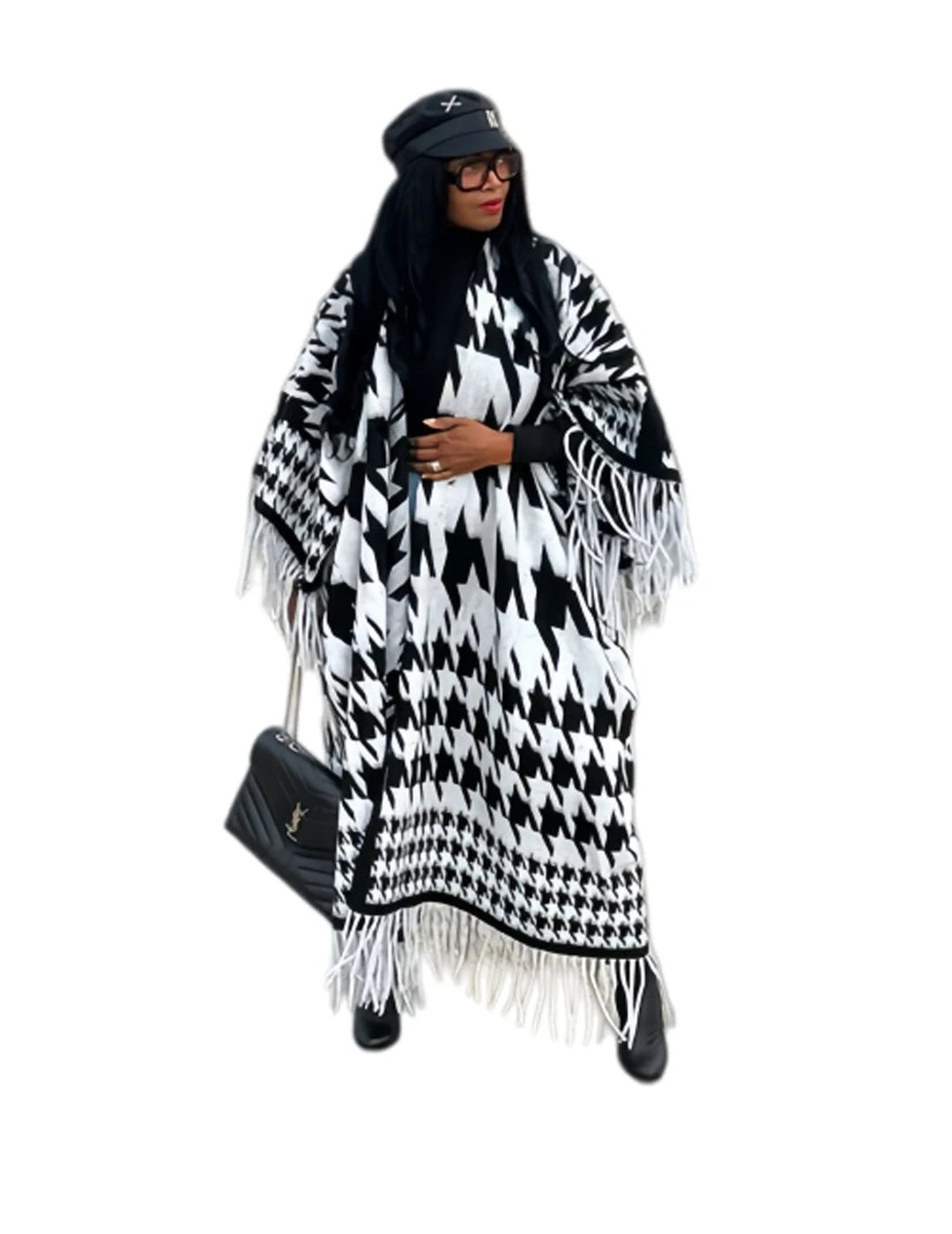 Black/White Cashmere Open Front Cardigan Kimono Tassel Fringe Women's Shawl Maxi Sweater