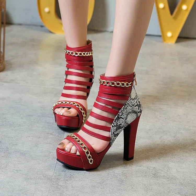 Gladiator Metal Chain Decor Snake Print Hollow-Out Open Toe High Heel Zipper Ankle Boots